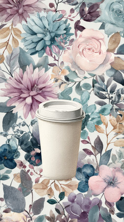 A steaming cup of coffee sits on a saucer, accompanied by delicate pink flowers in soft hues. The peaceful atmosphere evokes a sense of calm and relaxation..の素材