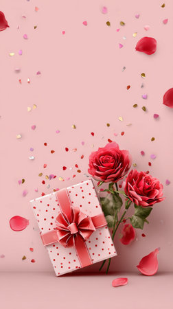 A charming gift box wrapped in red ribbon sits amidst scattered rose petals and confetti on a soft pink background, perfect for celebrations and heartfelt moments..の素材