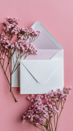 Two white envelopes lay on a soft pink background, surrounded by delicate dried flowers. This setting offers inspiration for stationery designs and creative correspondence.の素材