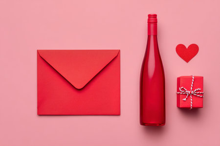 A red envelope, a bottle, a small gift box with a ribbon, and a heart shape are arranged on a soft pink background, perfect for a special occasion or celebration.の素材