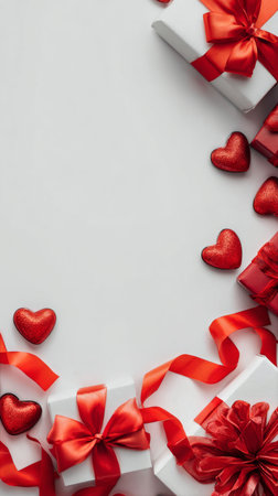 Colorful gift boxes in red and white, adorned with ribbons and heart-shaped decorations, create a festive atmosphere perfect for a celebration or special occasion.の素材