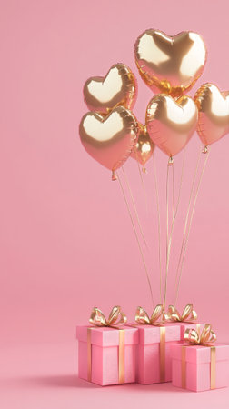 Colorful heart-shaped balloons float above elegantly wrapped gift boxes with gold ribbons, creating a cheerful atmosphere for a special occasion or celebration..の素材