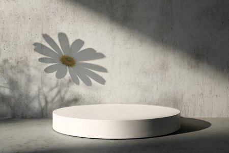 Sunlight casts a delicate shadow of a flower on a white circular platform in a minimalist space, creating a serene and artistic atmosphere.の素材