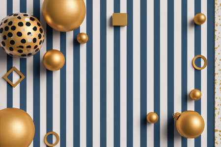 Bright, shiny gold and black decorative elements are arranged on a blue and white striped background, ideal for a festive event or party. These shapes add flair to the setup.の素材