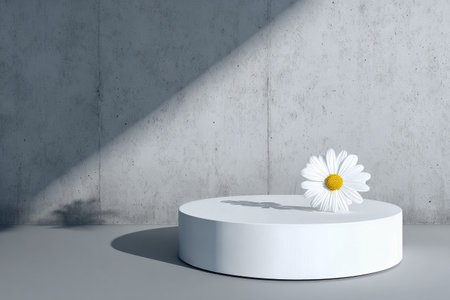 Sunlight casts a delicate shadow of a flower on a white circular platform in a minimalist space, creating a serene and artistic atmosphere..の素材