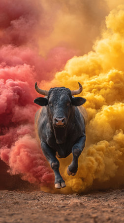 A bull charges confidently through vibrant smoke clouds of yellow and pink, creating a striking scene at an outdoor event. The atmosphere is energetic and lively..の素材
