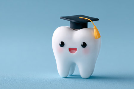 A cheerful tooth character with a graduation cap stands proudly against a light blue background, symbolizing the importance of dental education and good oral hygiene practices..の素材