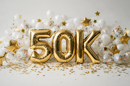 Colorful balloons and golden decorations celebrate a 50K milestone. The festive scene features shining stars and varied colored balloons, creating a joyful atmosphere..の素材