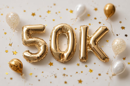 Colorful balloons and golden decorations celebrate a 50K milestone. The festive scene features shining stars and varied colored balloons, creating a joyful atmosphere.の素材