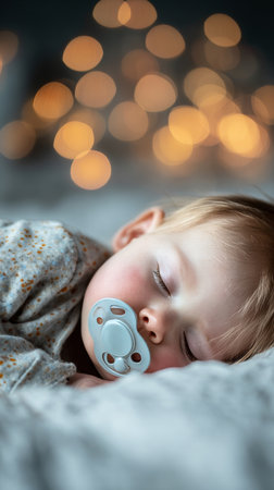 A baby sleeps peacefully with a pacifier, nestled in soft blankets. Warm, soft lighting creates a cozy atmosphere that enhances the calm moment..の素材