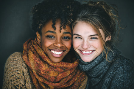Two women with joyful expressions sit closely together, wrapped in warm scarves. Their friendship shines as they enjoy each others company in a relaxed, inviting atmosphere.の素材