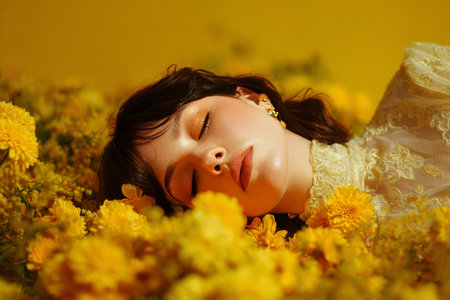 A woman with closed eyes lies peacefully on a bed of yellow flowers. Sunlight brightens the scene, creating a serene and joyful atmosphere in the flower-filled space.の素材