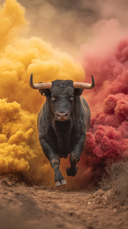 A bull races through vibrant clouds of pink and yellow smoke, creating an exciting scene during a festive event. Dust rises as the animal charges forward in the open arena..の素材