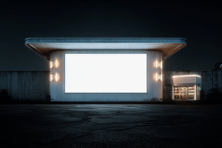 A vintage cinema building stands alone at night, featuring a large blank screen. Bright lights frame the entrance, hinting at upcoming shows or events.の素材