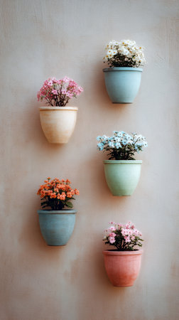 Five decorative pots are arranged on a blue wall, each filled with vibrant artificial flowers in various colors. This display adds charm and brightness to the room..の素材