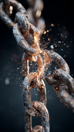 A heavy metal chain is under extreme tension, breaking with sparks flying as it separates. This moment captures the power and fragility of industrial materials during testing..の素材
