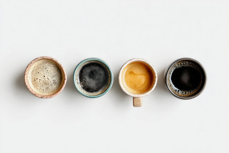Four distinct coffee cups are displayed side by side on a white surface, showing various coffee colors and textures in an inviting manner.の素材