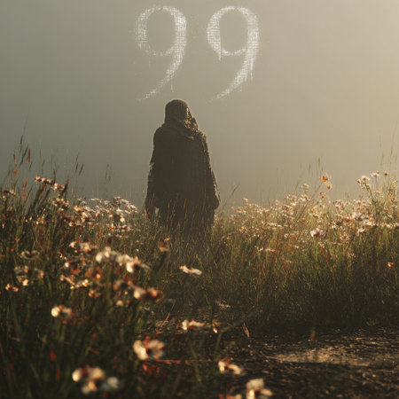 A person walks alone through a misty field of wildflowers at dawn. The serene atmosphere creates a sense of calm as nature awakens.の素材