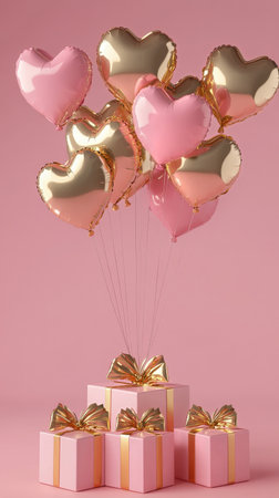 Colorful heart-shaped balloons float above elegantly wrapped gift boxes with gold ribbons, creating a cheerful atmosphere for a special occasion or celebration.の素材