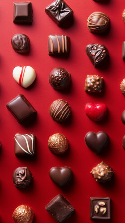 Various types of chocolate are neatly arranged on a bright red surface, showcasing treats in different shapes, colors, and designs, perfect for celebrating any special event.の素材