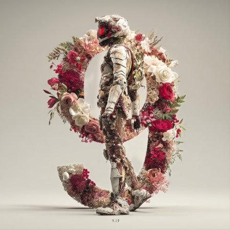 A detailed robot stands in profile, integrated with colorful flowers on a plain backdrop, showing a blend of technology and nature in a unique design.の素材