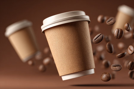 Several brown coffee cups are suspended mid-air with coffee beans swirling around them. The scene features a warm, inviting ambiance perfect for coffee lovers..の素材