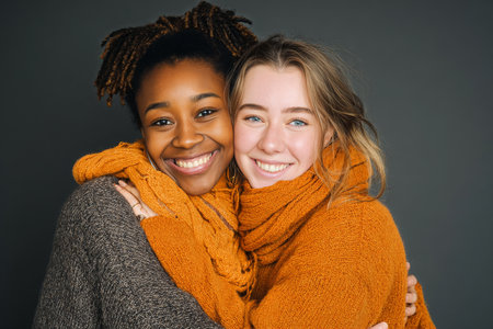 Two friends embrace each other with genuine smiles, wearing bright, cozy sweaters. Their joyful interaction showcases a bond of friendship in a warm, inviting atmosphere.の素材