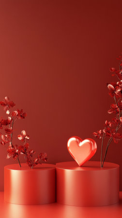 A vibrant red heart sits atop a round pedestal, with a smooth finish. The background is a solid red, creating a striking visual display of love and emotion..の素材
