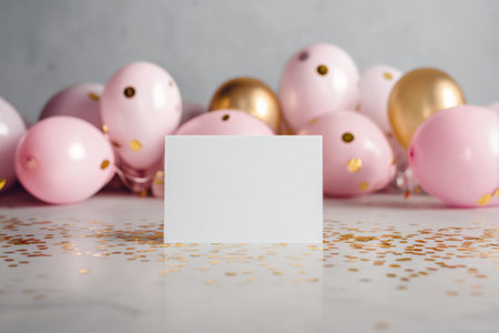 Colorful balloons in pink and gold surround a blank card, resting on a marble surface decorated with confetti. This festive scene is perfect for a party or special occasion..の素材
