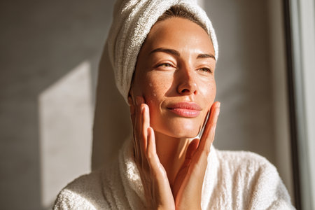 A woman stands in a bright bathroom, gently applying skincare products to her face. She appears and relaxed content, showcasing her beauty and self-care routine after a warm shower.の素材
