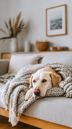 A yellow lab rests on a soft sofa, bundled in a warm blanket, enjoying the comfort of a cozy living room decorated with plants and art.の素材