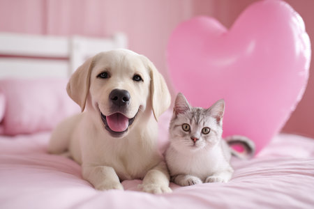 A joyful golden retriever puppy and a playful gray tabby kitten sit side by side on a cozy pink bed. A large pink heart balloon adds a cheerful touch to the scene.の素材