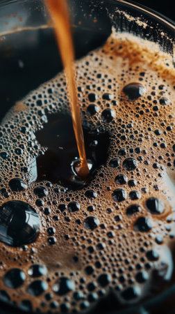 Rich brown coffee is being poured into a black cup, forming bubbles on the surface in a warm, inviting atmosphere. The scene captures the essence of a coffee break..の素材