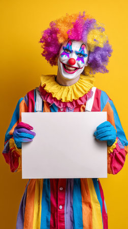 A cheerful clown stands in front of a vibrant yellow backdrop, wearing a multicolored costume and holding a blank sign with both hands, ready to entertain or share a message.の素材