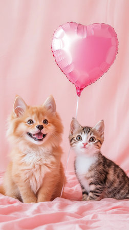 Two adorable kittens, one orange and white and the other all white, sit side by side with a heart-shaped balloon against a soft pink background. Their curious expressions add charm..の素材