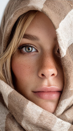 A woman with striking green eyes gazes intently, her face partially covered by a cozy scarf. Soft winter light highlights her natural beauty and expression..の素材