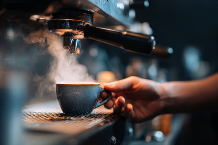 A barista skillfully prepares a steaming cup of espresso at a coffee shop. The rich aroma fills the air as customers eagerly wait for their drinks.の素材