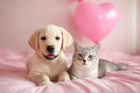 A joyful golden retriever puppy and a playful gray tabby kitten sit side by side on a cozy pink bed. A large pink heart balloon adds a cheerful touch to the scene..の素材