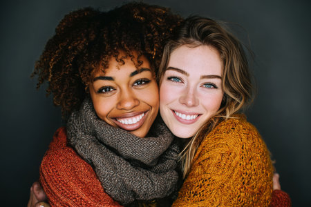 Two women with joyful expressions sit closely together, wrapped in warm scarves. Their friendship shines as they enjoy each others company in a relaxed, inviting atmosphere..の素材