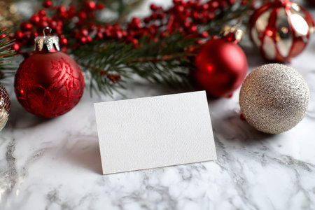 A blank card rests on a smooth marble surface, framed by festive red and silver ornaments along with green pine branches, creating a cozy holiday atmosphere.の素材