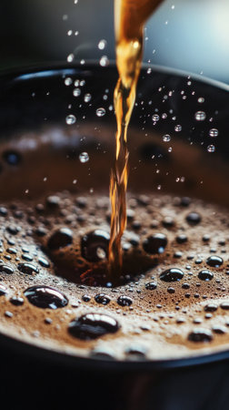 Freshly brewed coffee is poured into a dark cup, creating a swirl of bubbles as the rich liquid fills it. Morning light enhances the warm, inviting atmosphere.の素材