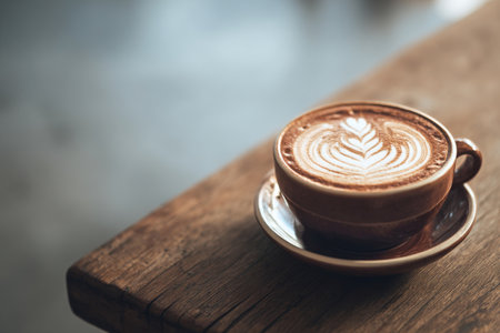 A beautifully crafted latte sits in a blue cup on a wooden saucer, basking in the gentle morning sunlight streaming through nearby windows..の素材