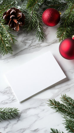 A blank greeting card is placed on a marble surface, surrounded by shiny red ornaments and fresh green pine branches, creating a festive atmosphere perfect for the holidays..の素材