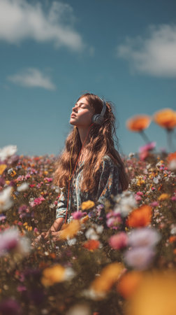 A young woman with headphones sits peacefully among vibrant flowers under a clear blue sky. She appears and relaxed lost in her music, surrounded by natures beauty.の素材