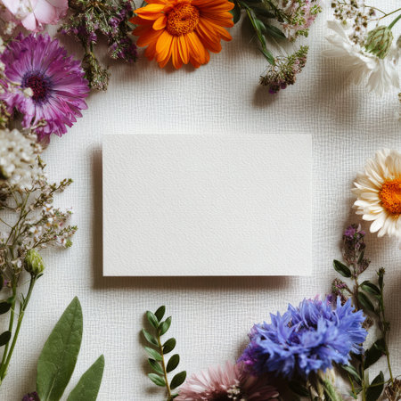 A blank card is surrounded by colorful flowers on a soft fabric. This setup is perfect for writing invitations or sending messages. The vibrant blooms add a cheerful touch to the scene..の素材