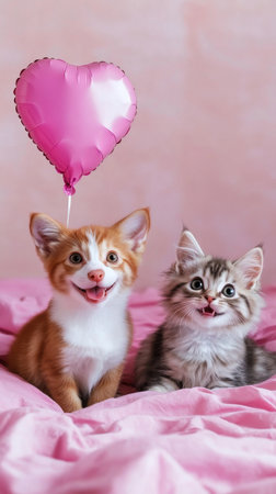 A playful puppy and a curious kitten sit together on a soft pink blanket. A heart-shaped balloon floats above them, adding a touch of fun and joy to their charming poses.の素材