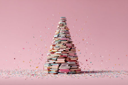 A towering stack of books arranged like a Christmas tree is surrounded by colorful confetti, creating a joyful scene perfect for celebrations.の素材