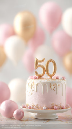 A beautiful cake with a pink drip design sits on a white plate, topped with golden candles displaying the number 50.の素材