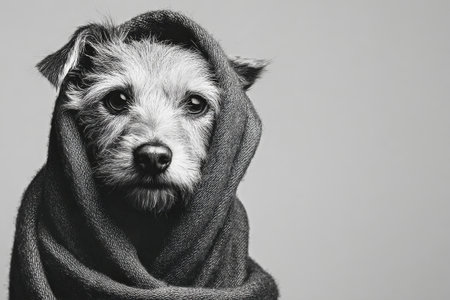 A small dog is wrapped in a soft blanket, staring directly at the camera. The image features a black and white color scheme that highlights the dogs expressive face and fur details.の素材