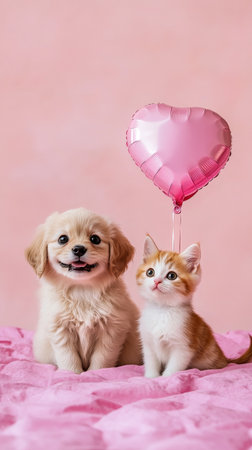 A playful puppy and a curious kitten sit together on a soft pink blanket. A heart-shaped balloon floats above them, adding a touch of fun and joy to their charming poses..の素材